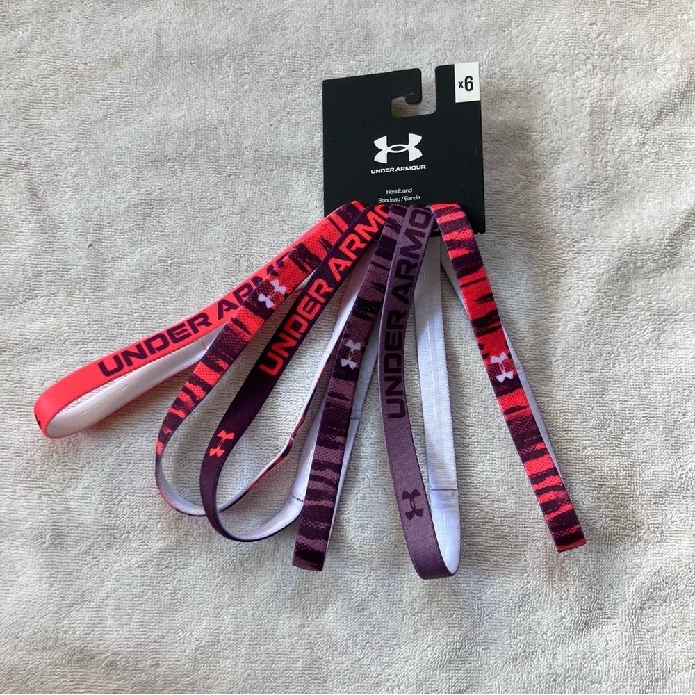 Under Armour 6 Pack Elastic Headbands Non-Slip Grip Pink Purple Sweatband NWT